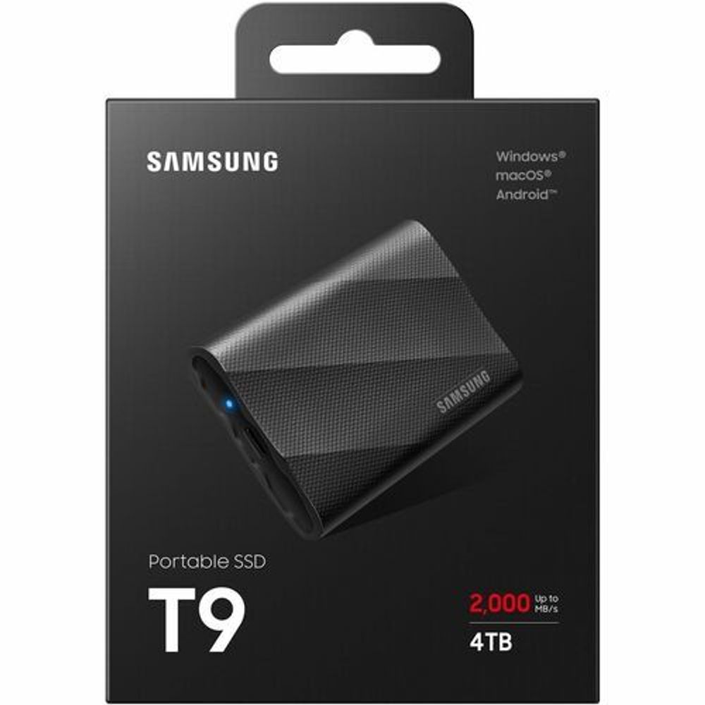 Samsung T9 portable rugged SSD in retail package, solid black with 4TB label
