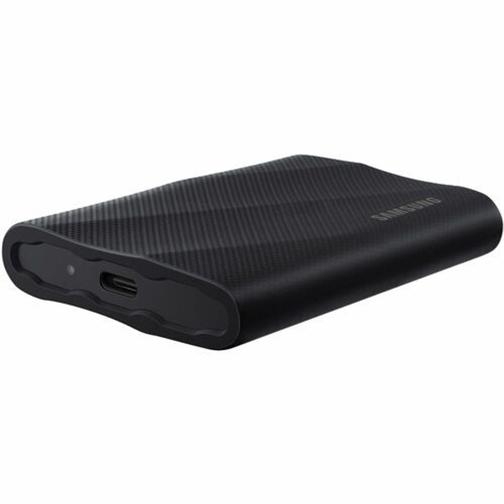 Samsung T9 portable rugged SSD, side view with USB-C port and power LED