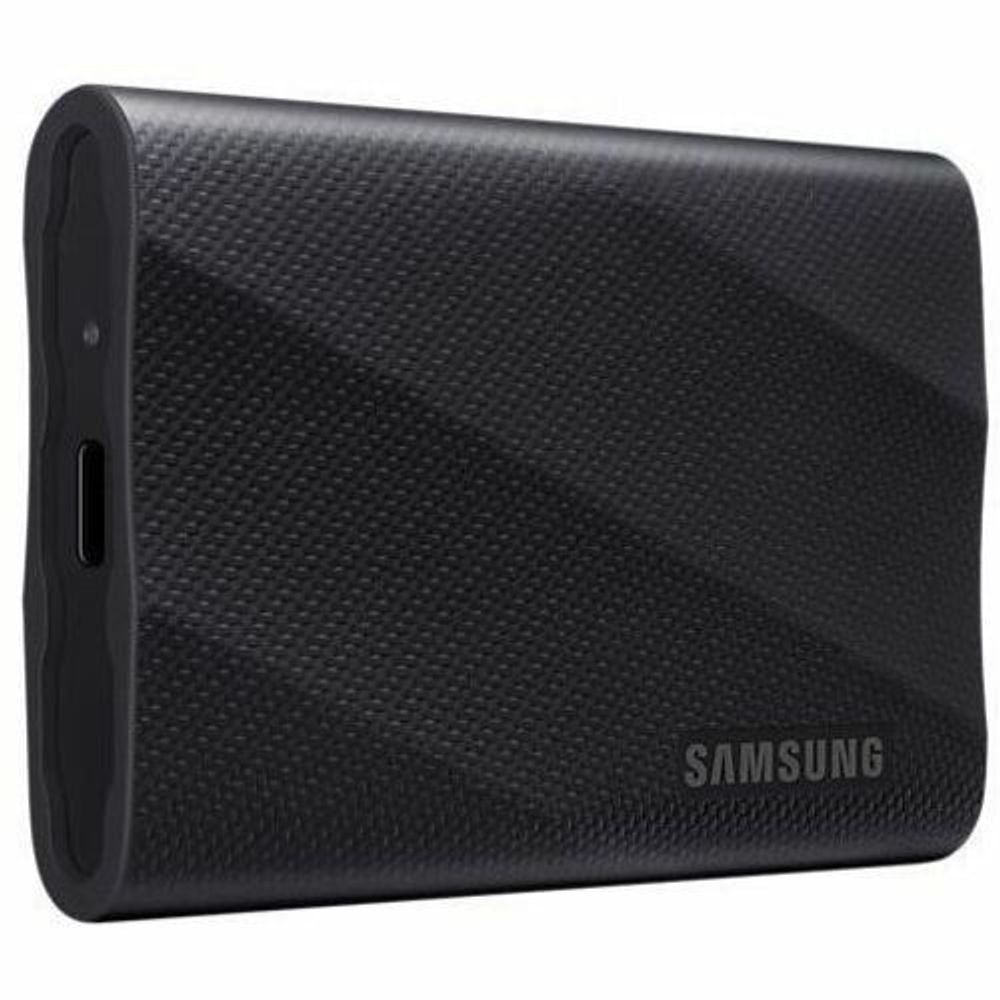 Samsung T9 portable rugged SSD, front-side view of textured black casing