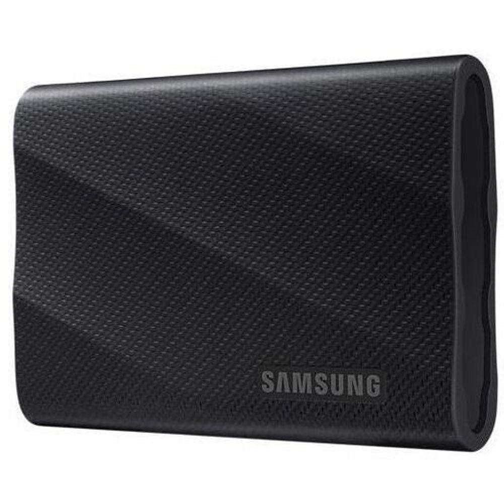 Samsung T9 portable rugged SSD, front corner view with rounded ports and Samsung logo