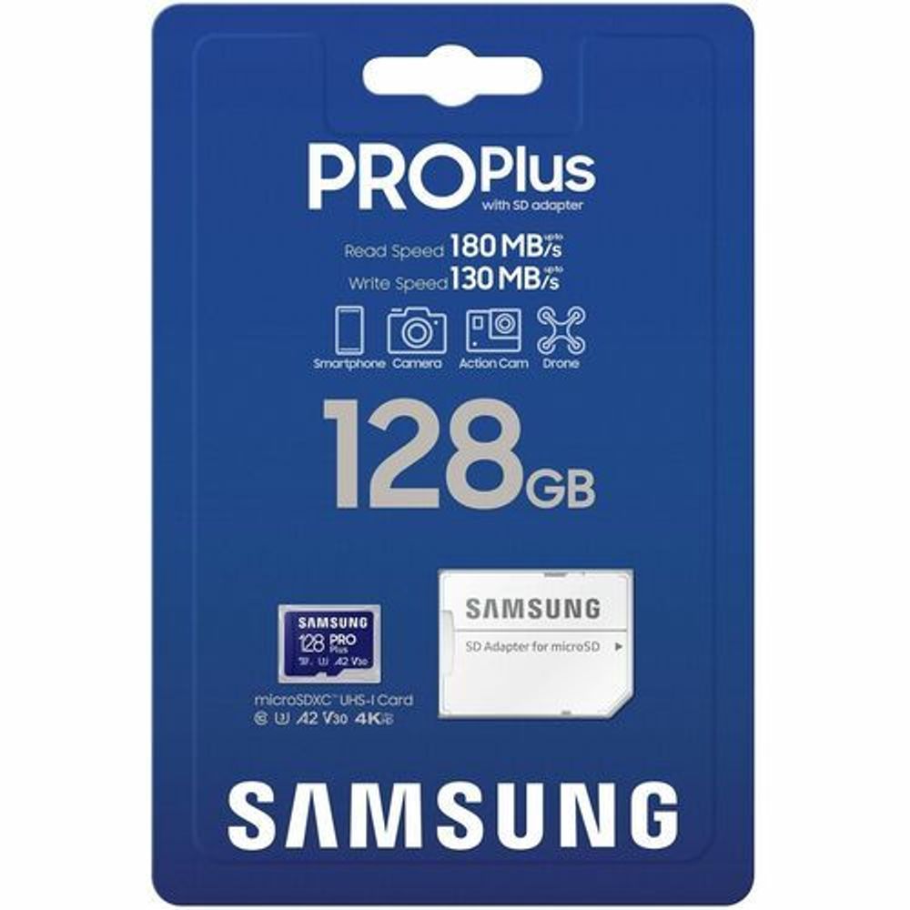 Samsung PRO Plus 128GB microSD package with SD adapter