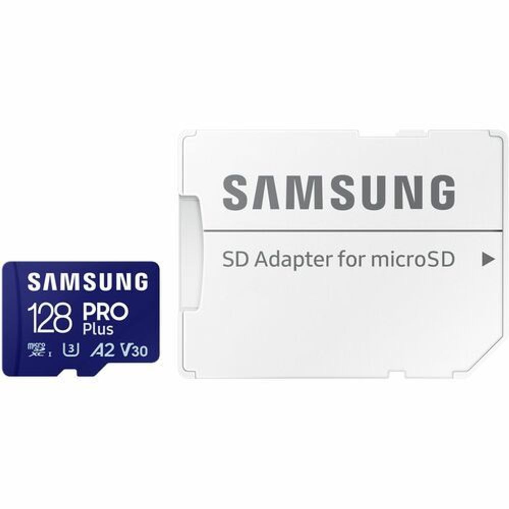 Samsung PRO Plus 128GB microSD with SD adapter, white and blue