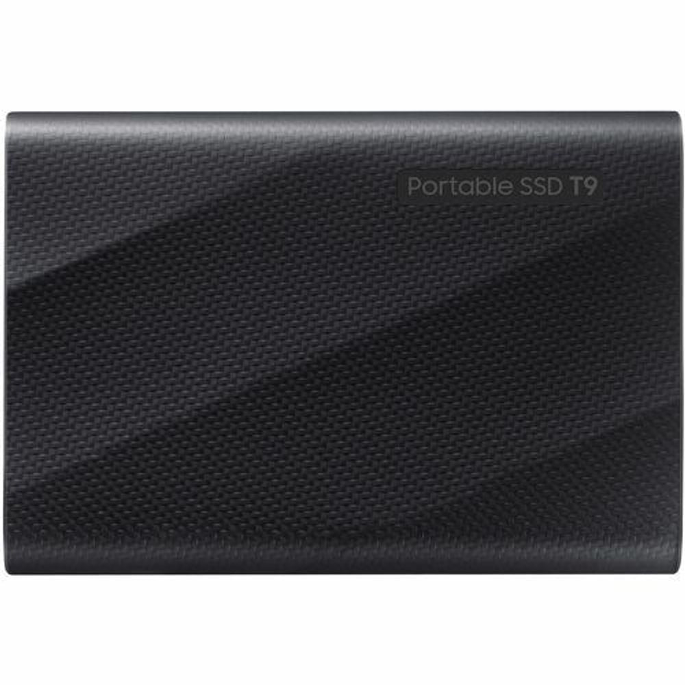 Black portable SSD with faint “Portable SSD T9” text on the textured casing