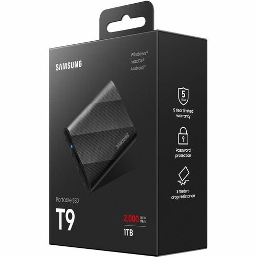 Samsung T9 portable SSD retail box showing 5-year warranty and security icons