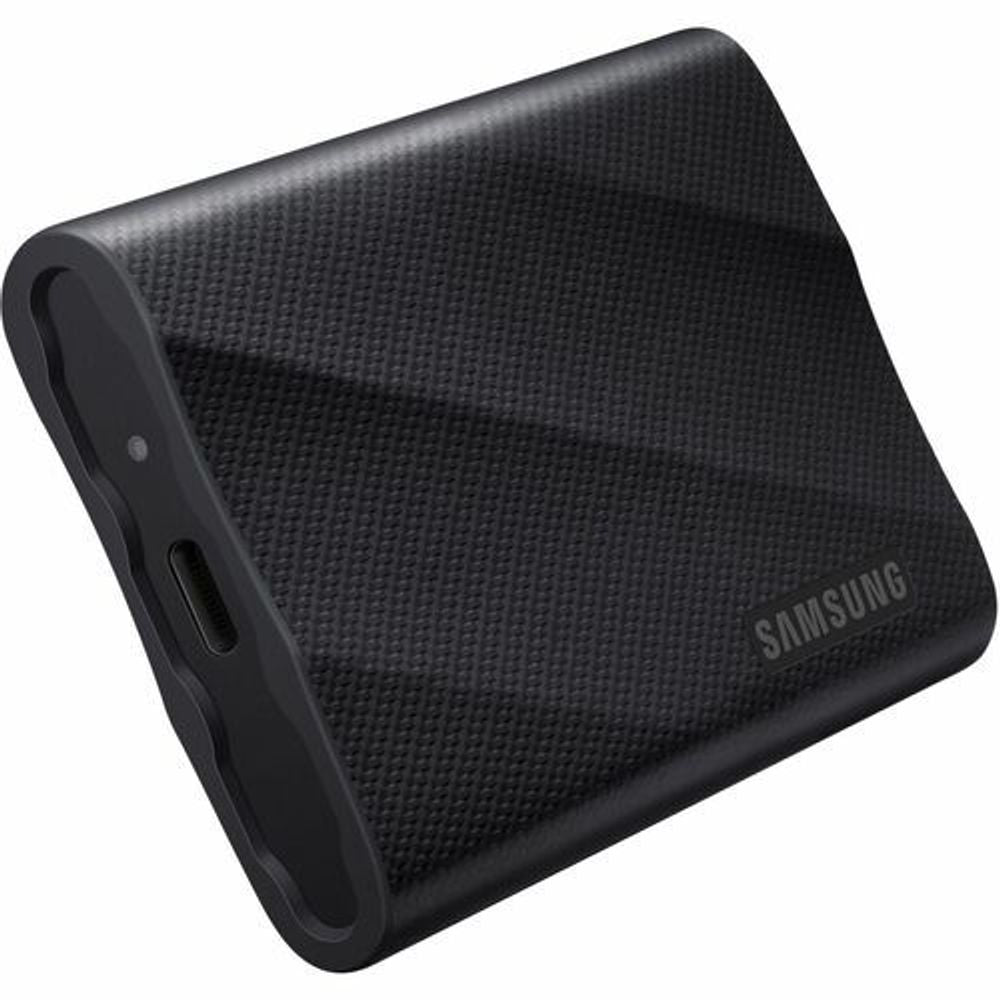 Black portable SSD with textured finish and side ports