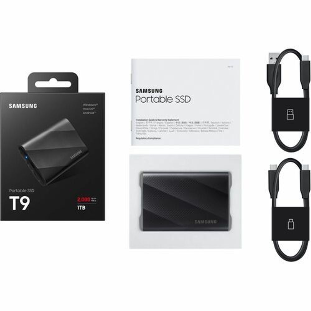 Samsung T9 portable SSD kit with box, card, and black USB cable