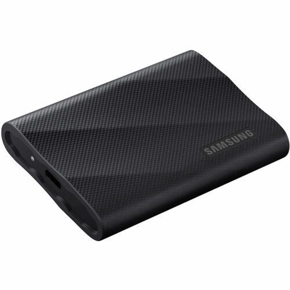 Black Samsung portable SSD with side ports and textured top surface