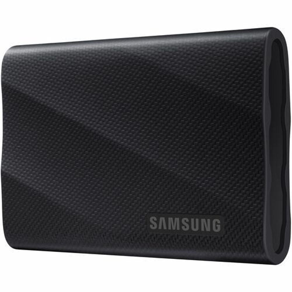 Black Samsung portable SSD with textured surface and visible Samsung logo