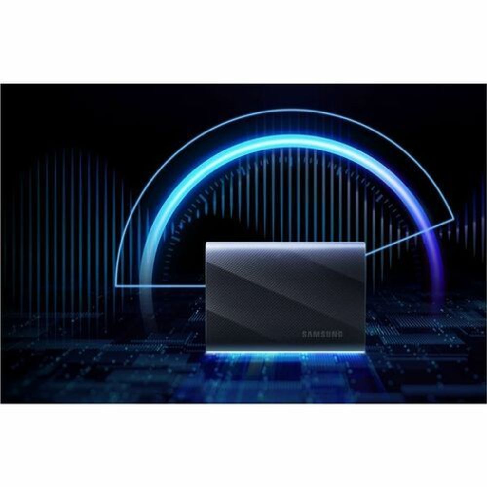 Samsung portable SSD with blue performance glow graphic overlay