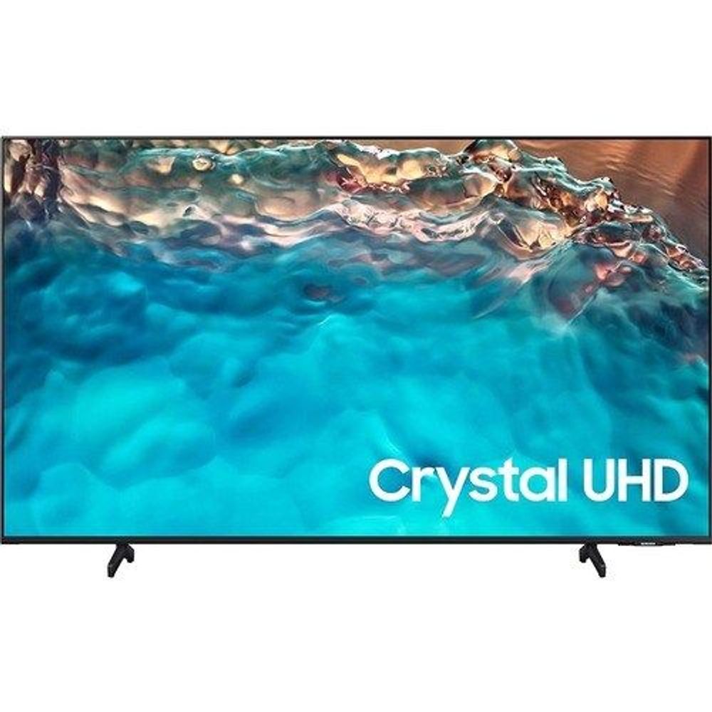 43-inch LCD TV displaying blue underwater scene with Crystal UHD logo