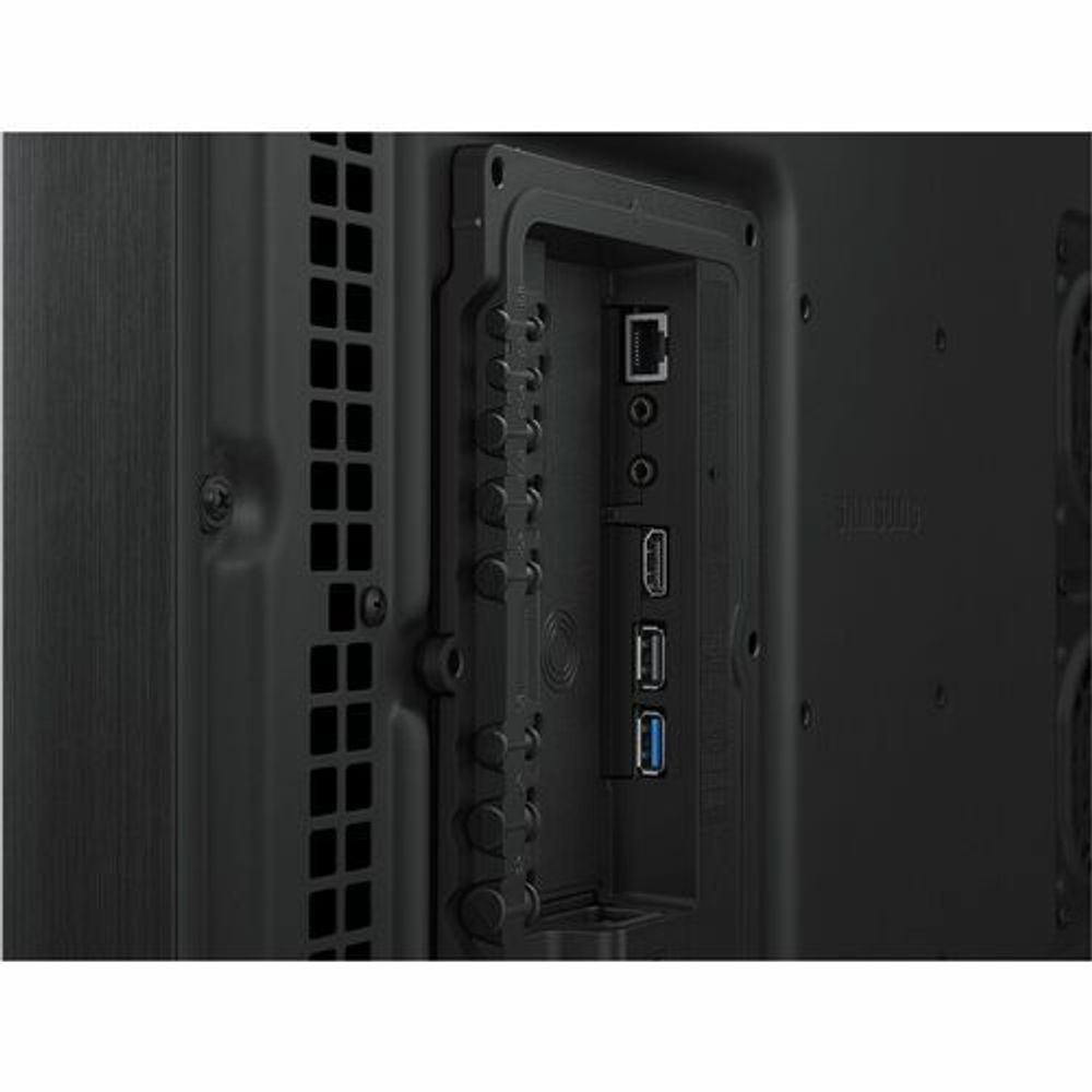 Rear input panel of black outdoor LCD display with Ethernet and USB ports