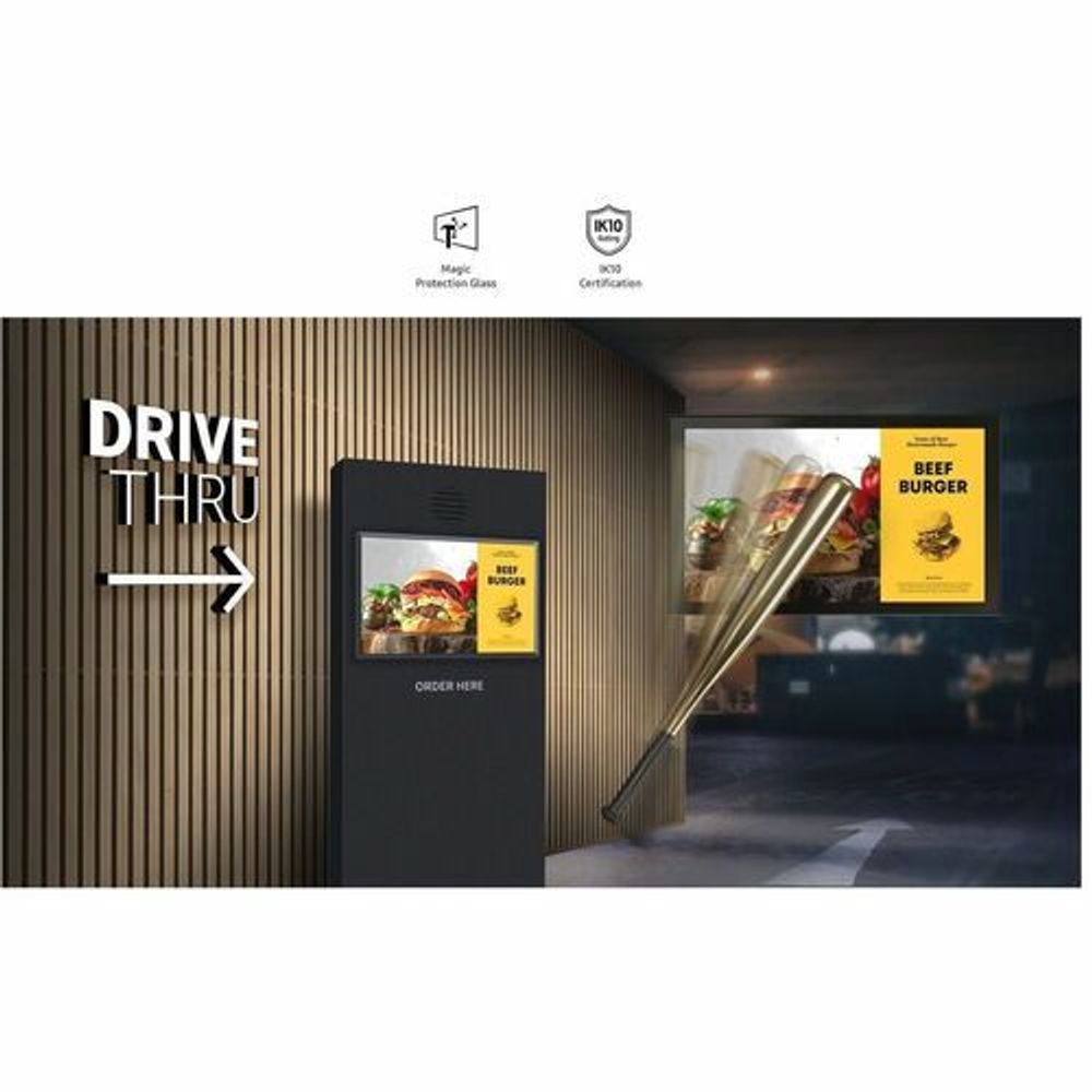 Outdoor LCD display showing drive-thru menu boards with food posters and arrows