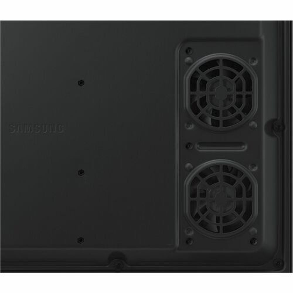 Close-up of ventilation grilles on the rear of a black outdoor LCD display