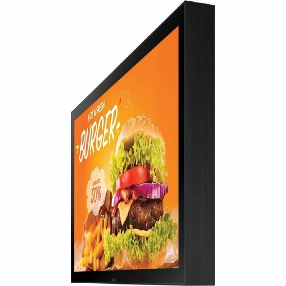 Angled view of black outdoor LCD display with burger promo image