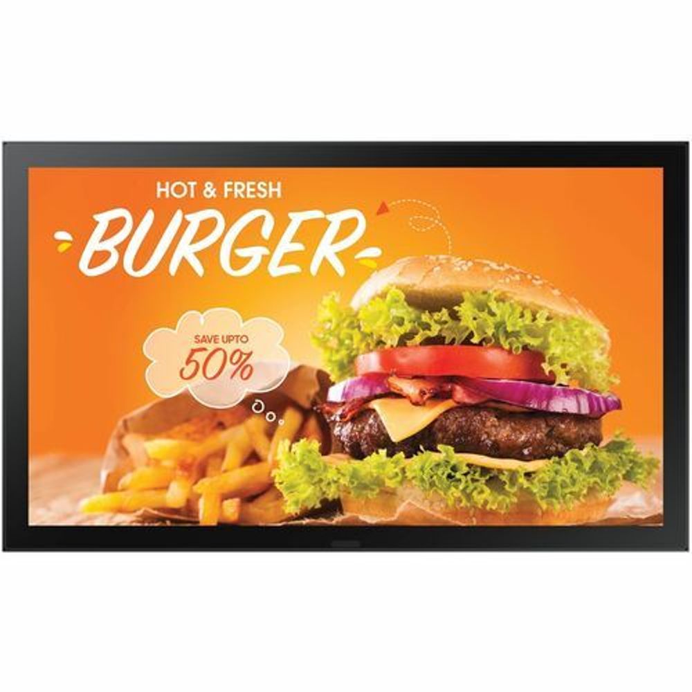 Outdoor LCD display front with burger promo screen and black frame