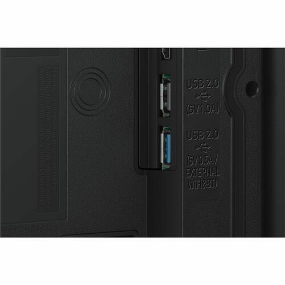 Rear side ports on black outdoor LCD display with USB 2.0 and external antenna labels