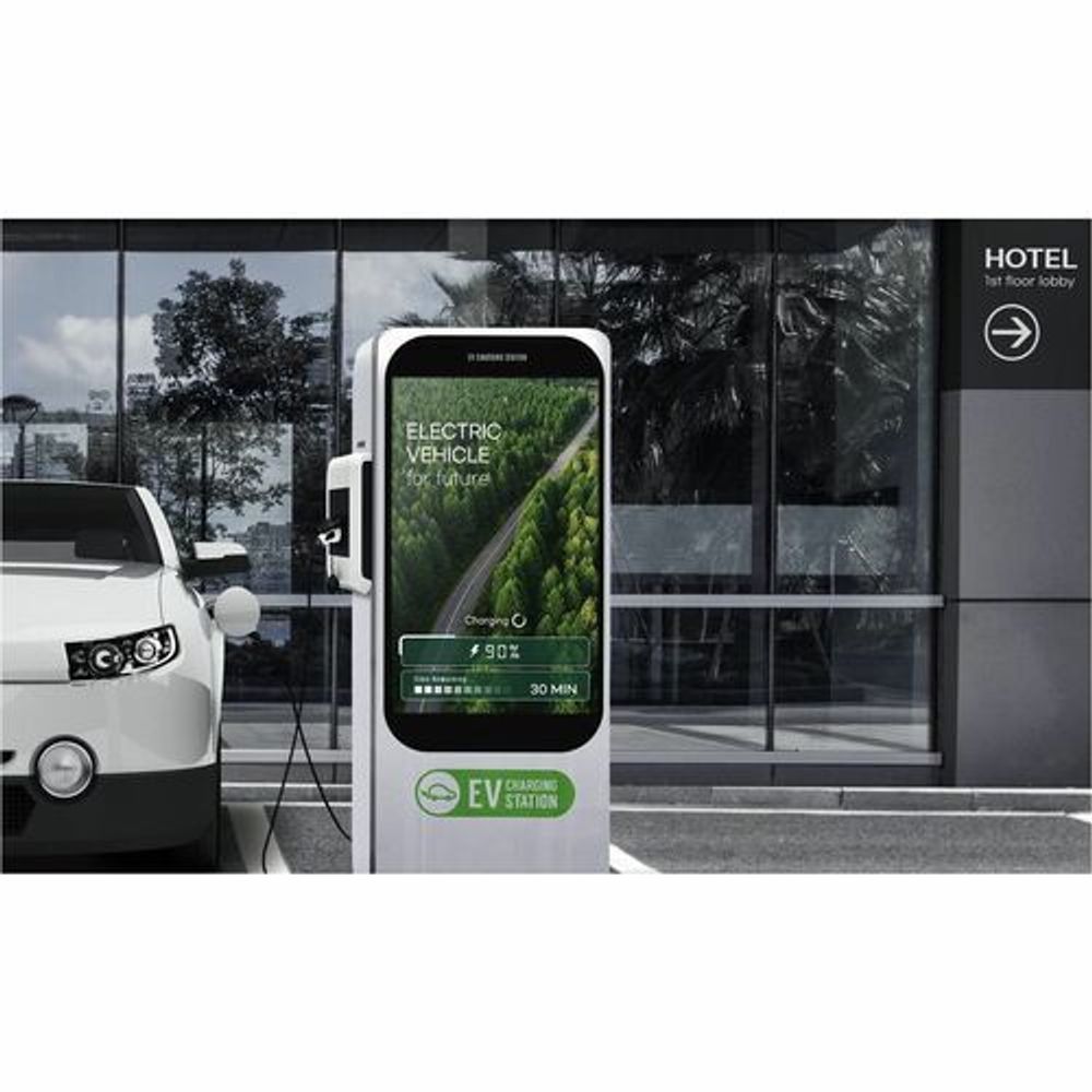 Outdoor vertical LCD signage screen with electric vehicle graphic and EV charging info