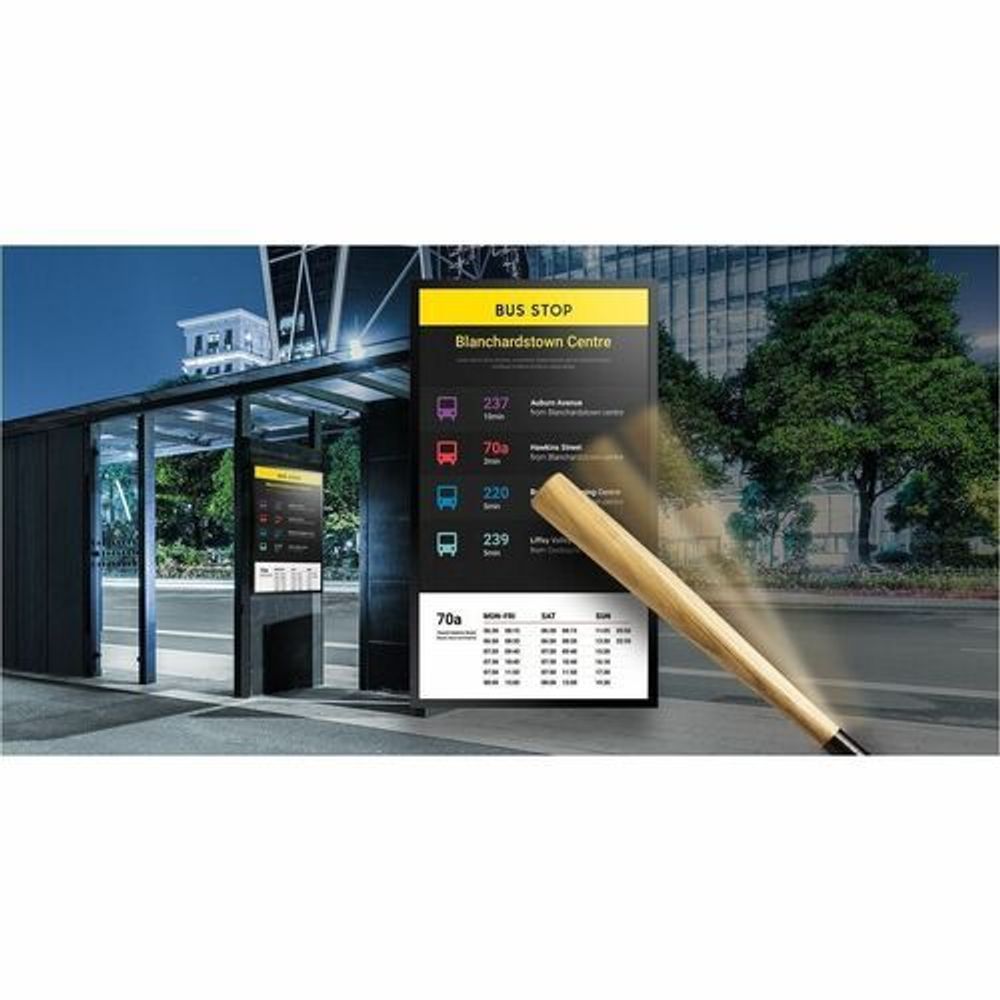 Outdoor LCD digital signage display with on-screen menu and icons, black frame