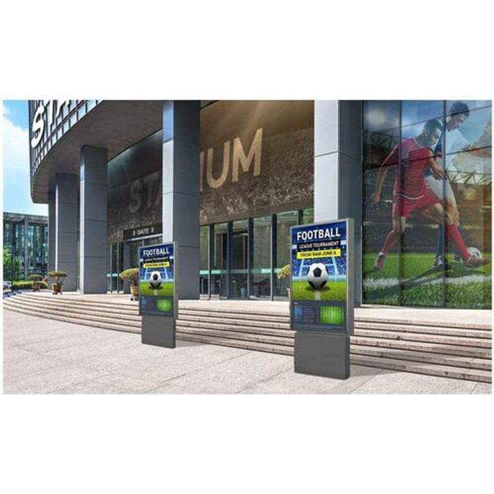 Outdoor vertical LCD signage stands showing sports-themed ads and rotating panels