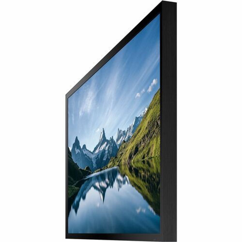 Slim vertical Samsung LCD signage display in black frame with landscape image