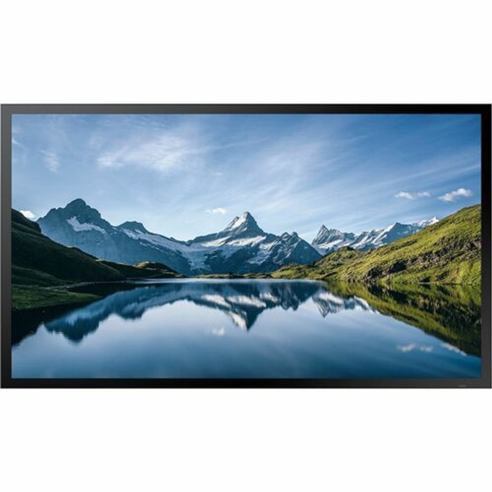 Vertical LCD digital signage display showing mountain landscape, black bezel