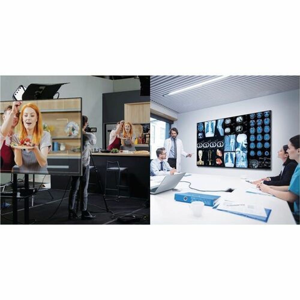 LCD digital signage displays in office, presentation content on screens