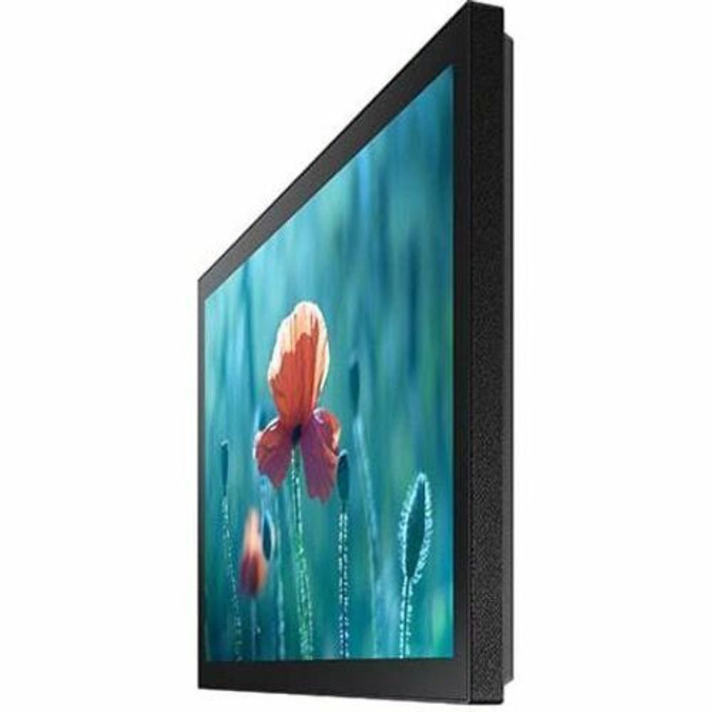 13-inch digital signage LCD display side view with black frame and blue flower screen