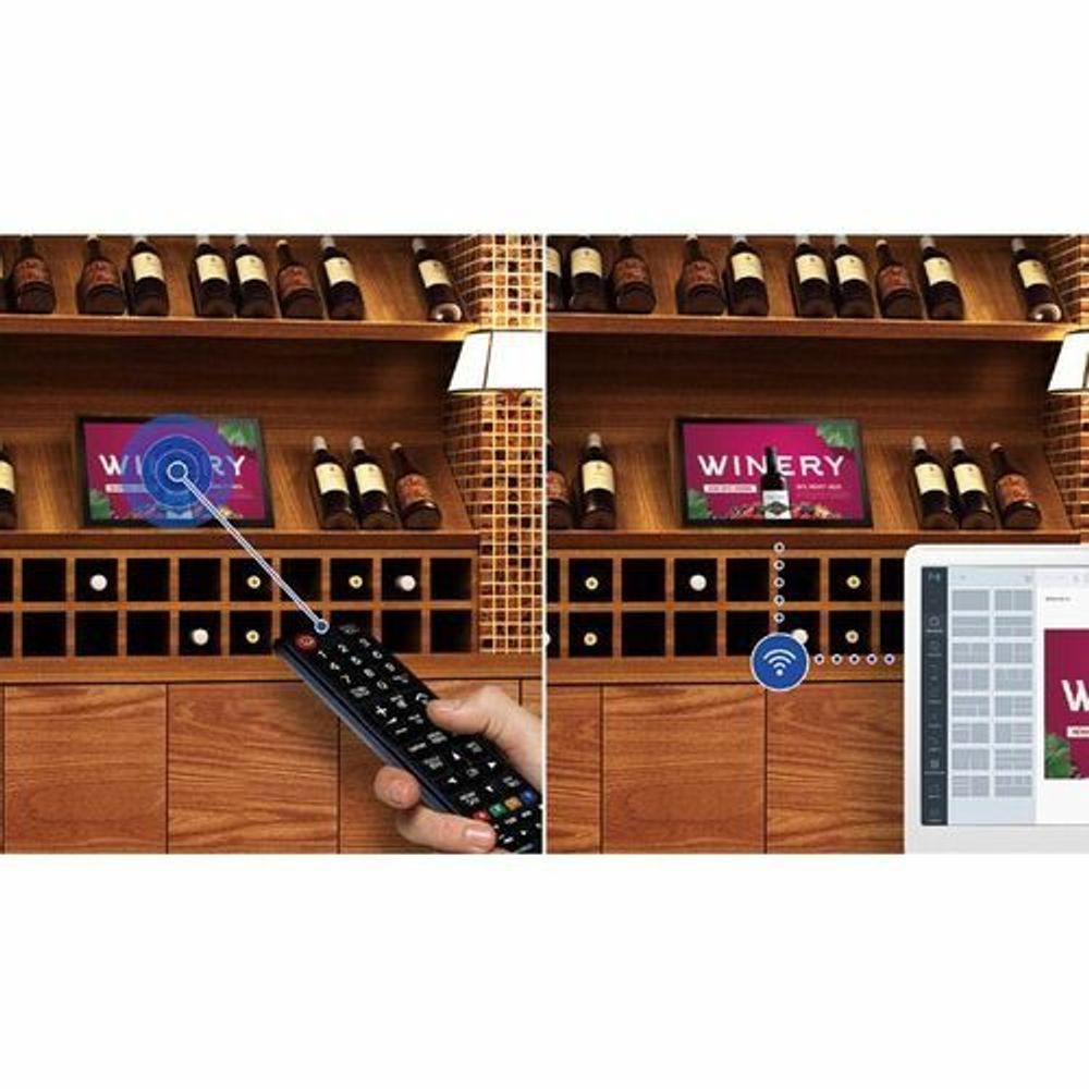 13-inch LCD digital signage display mounted in a winery bar with remote control icon