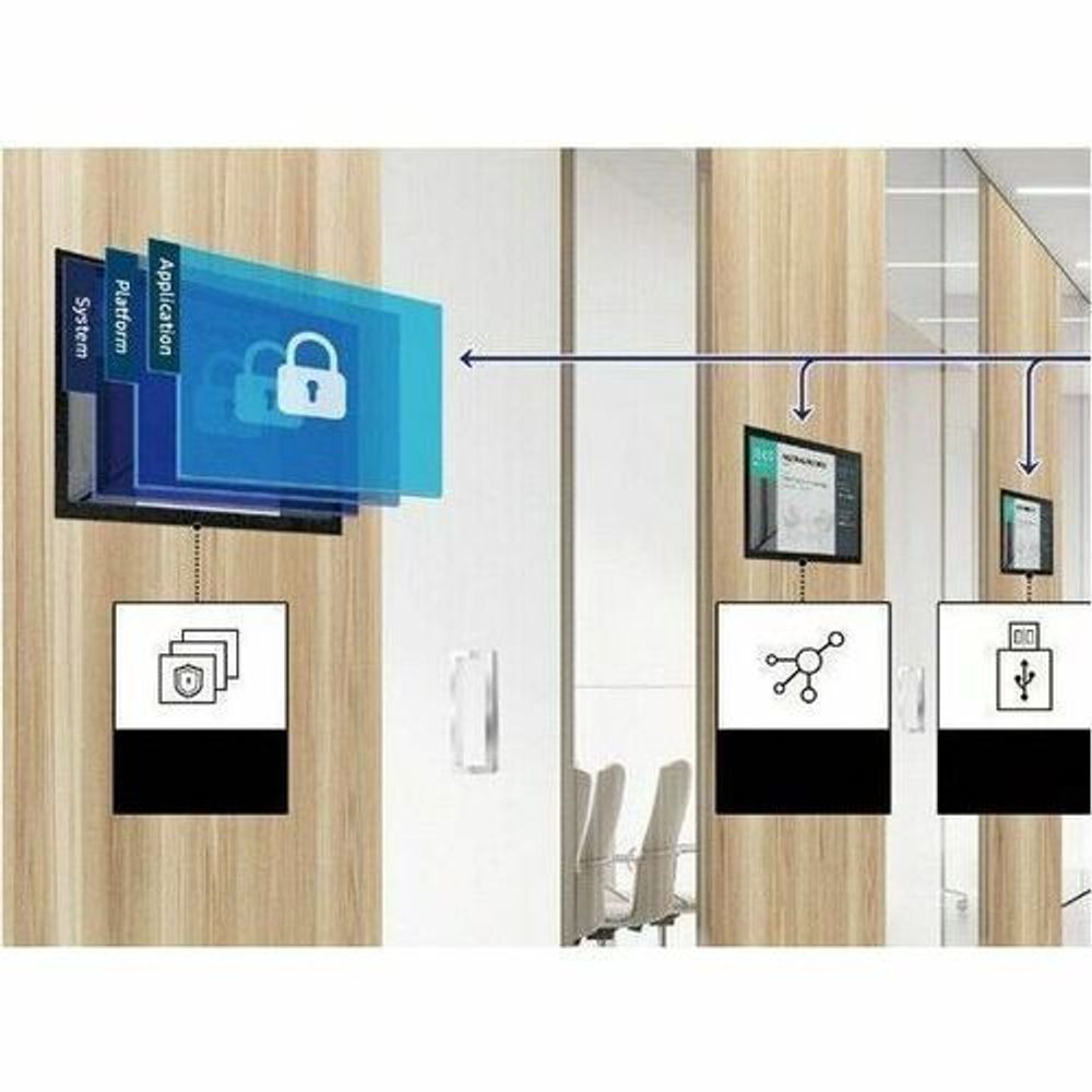 13-inch digital signage LCD display showing office lobby icon graphics on screen