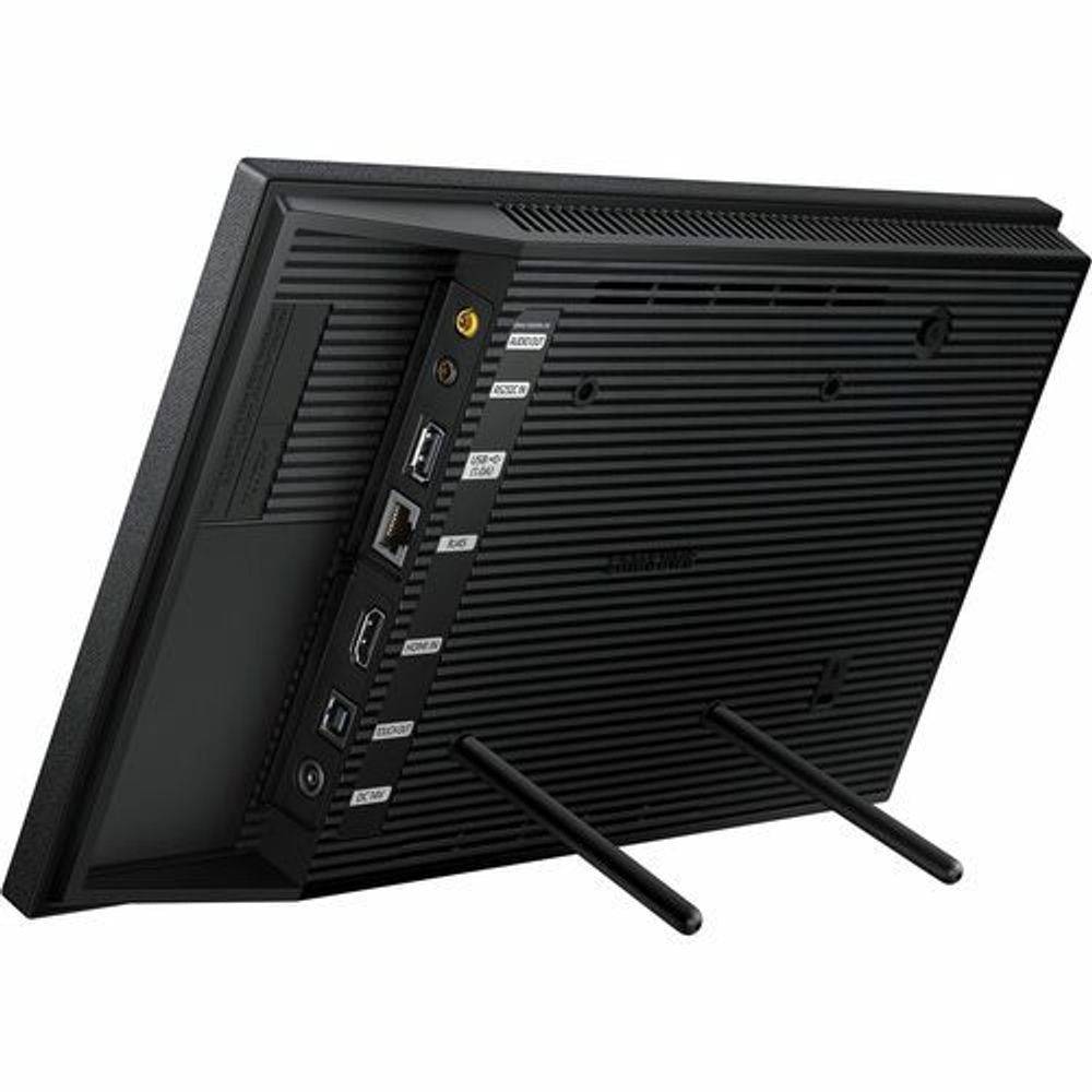 13-inch digital signage LCD display back view with ports and two adjustable stand feet