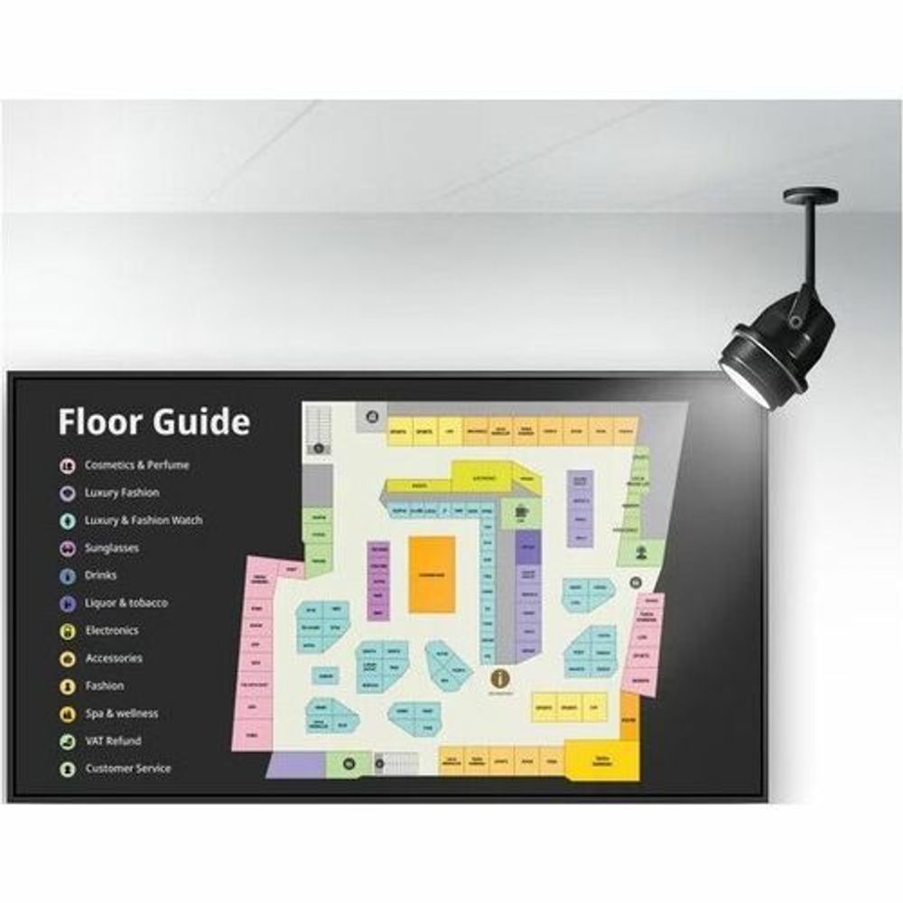 Samsung 74.5 in digital signage LCD display with Floor Guide map and category list
