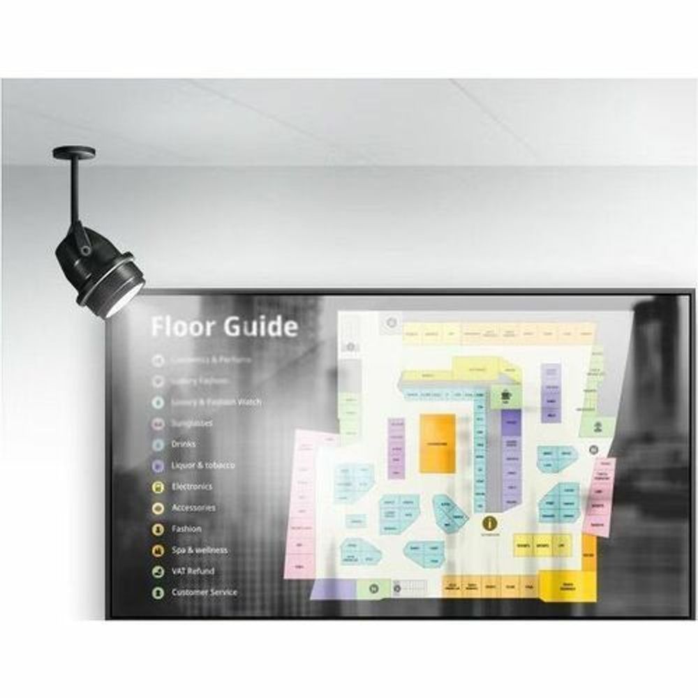 Samsung 74.5 in digital signage LCD display showing Floor Guide interface screen