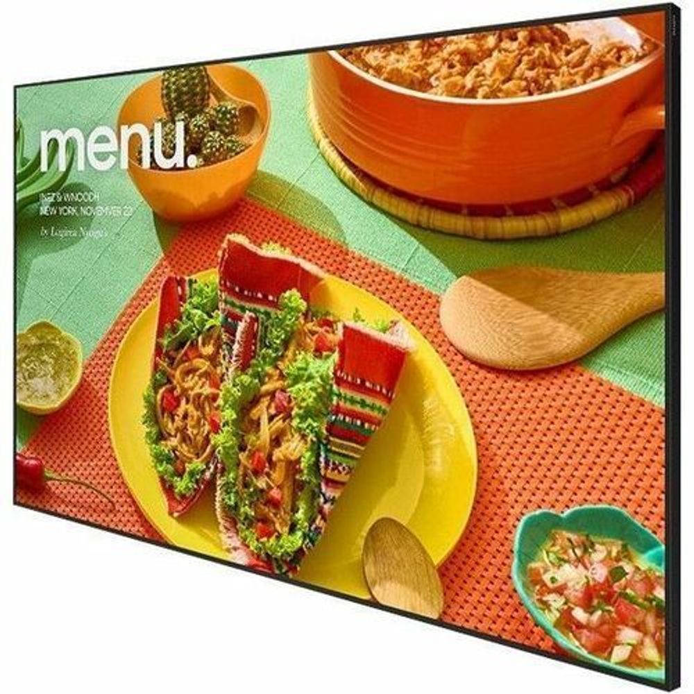 Samsung QH75C 74.5-inch digital signage LCD display showing menu food ads