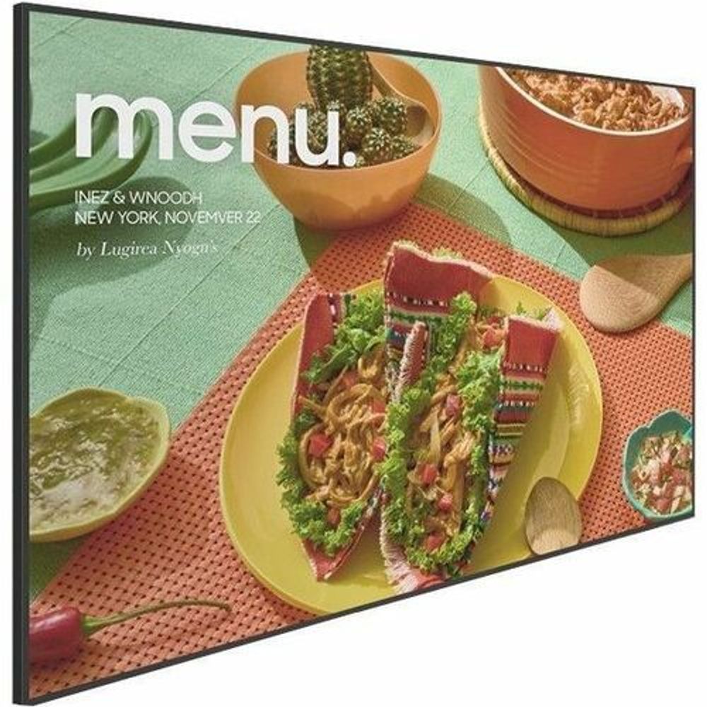 74.5-inch LCD digital signage display with black bezel, front view showing food menu graphic