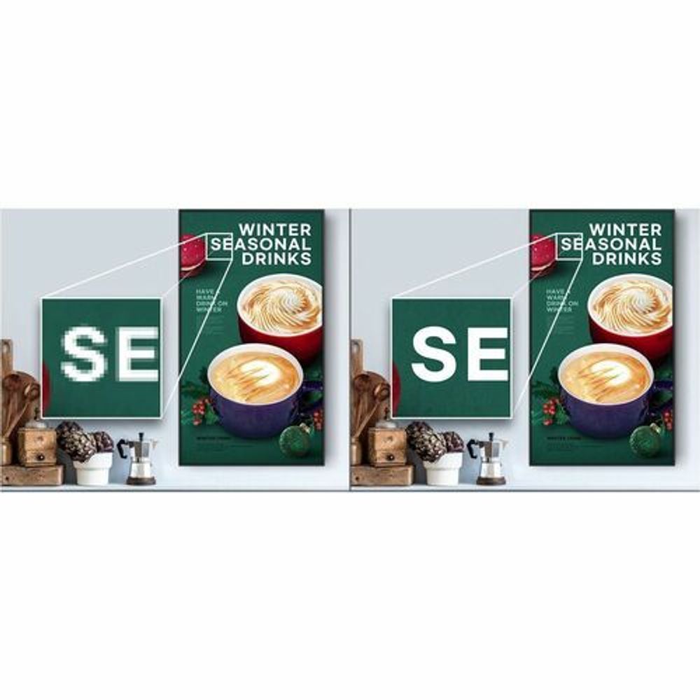 Samsung 74.5 in digital signage LCD display showing winter drinks promotional ad