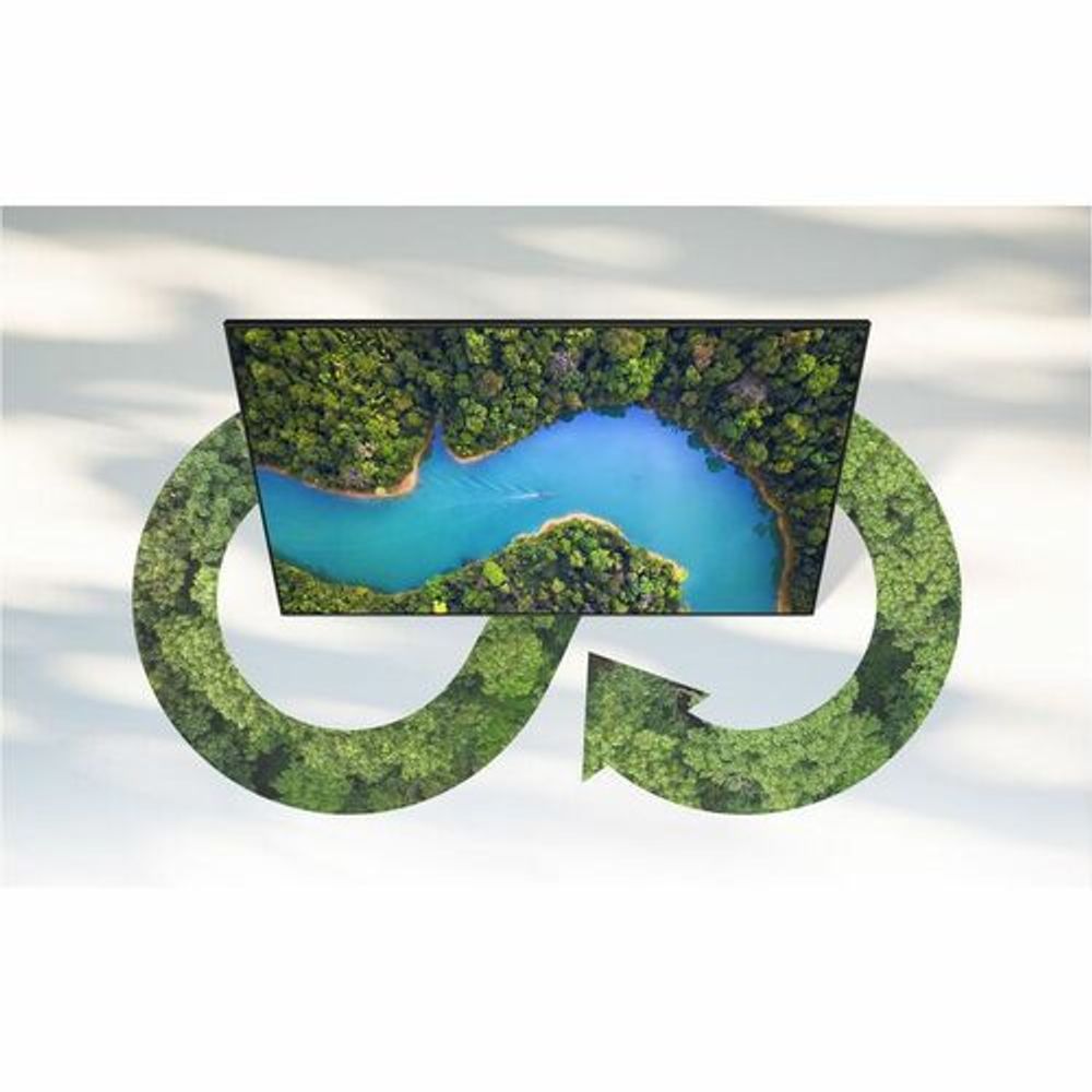 Samsung 74.5 in digital signage LCD display showing large recycling symbol graphic