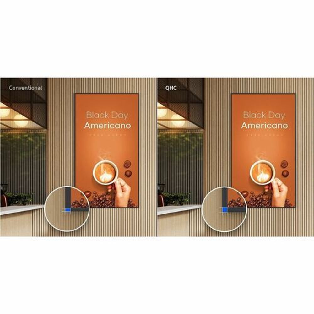 Samsung QH75C 74.5-inch digital signage LCD display showing “Black Day Americano” ad