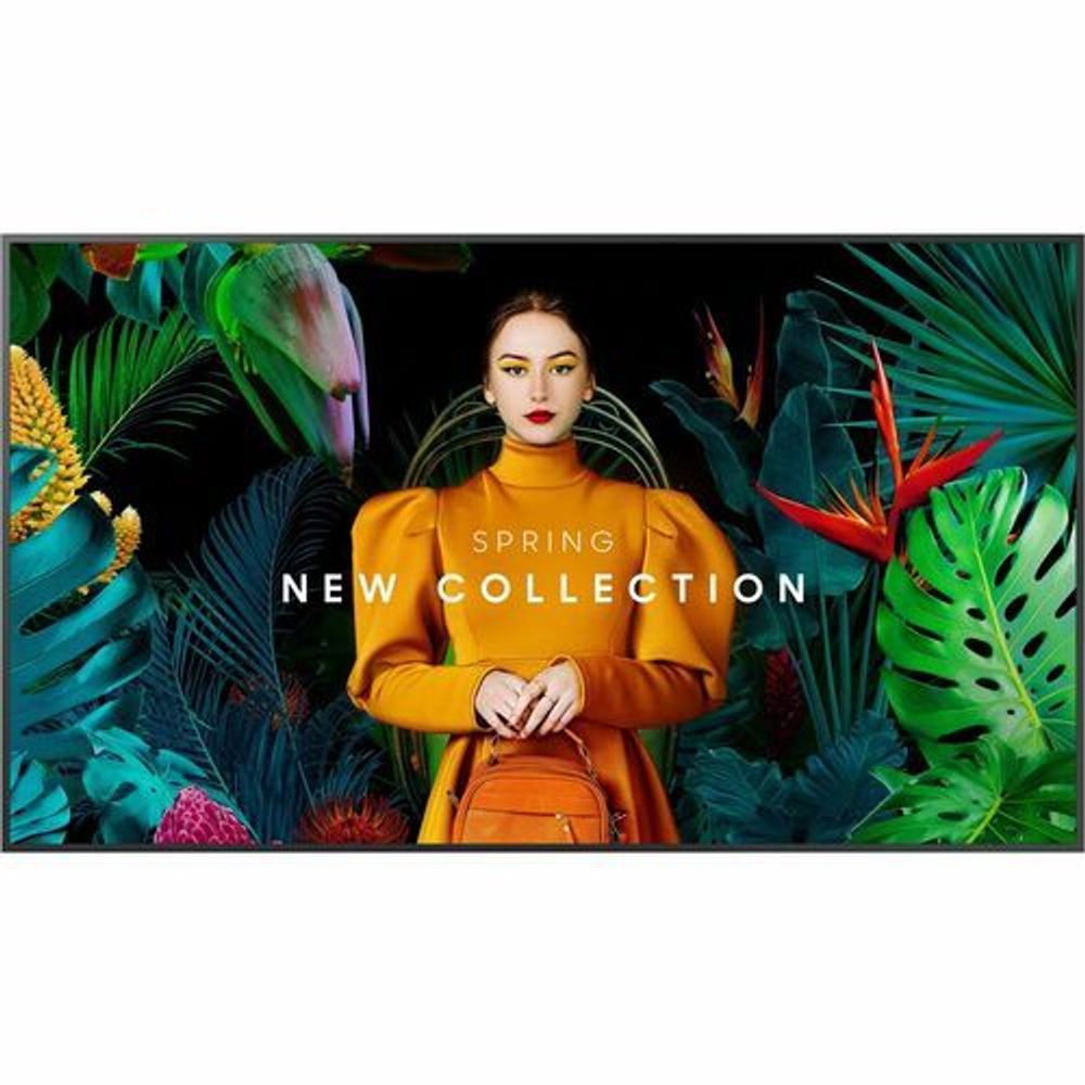 55-inch digital signage display with bright fashion model and tropical leaves on screen