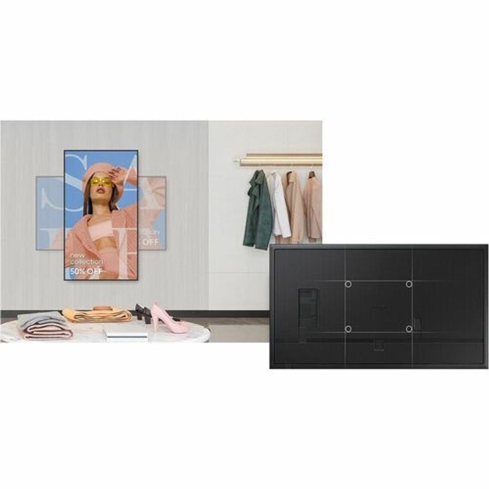 55-inch LCD digital signage display with black bezel, mounted on wall
