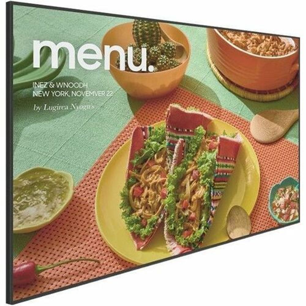 55-inch digital signage display showing food menu-style ad with bowls and plates
