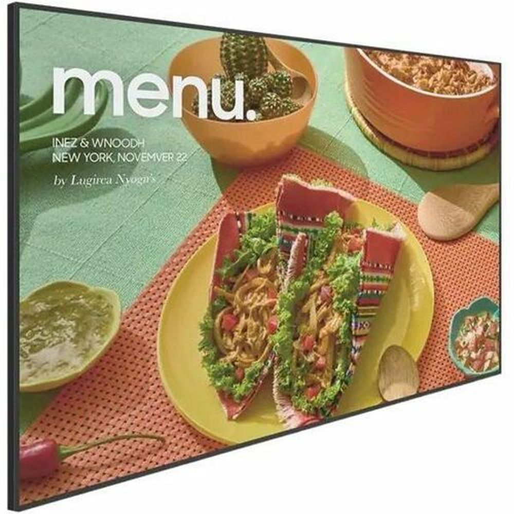 Digital signage display showing food menu ad with bowls and 'menu.' text.