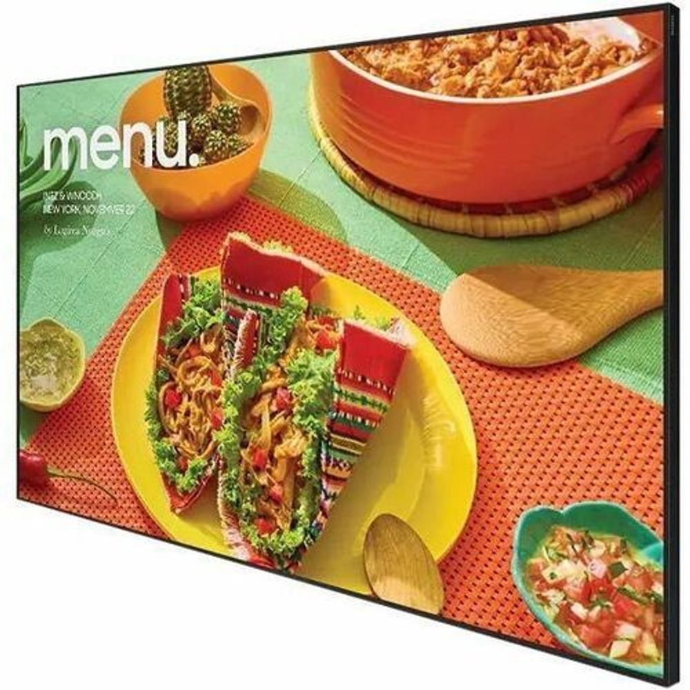 Digital signage display angled front with food ad and 'menu.' text.