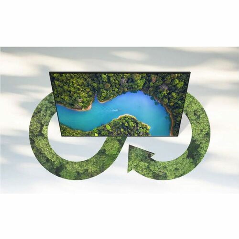 Digital signage display showing a large recycling symbol graphic on screen