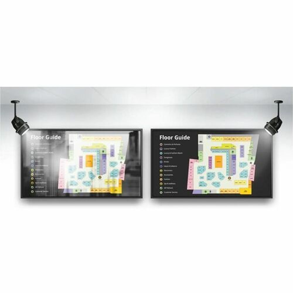 Digital signage display showing floor guide maps on screen