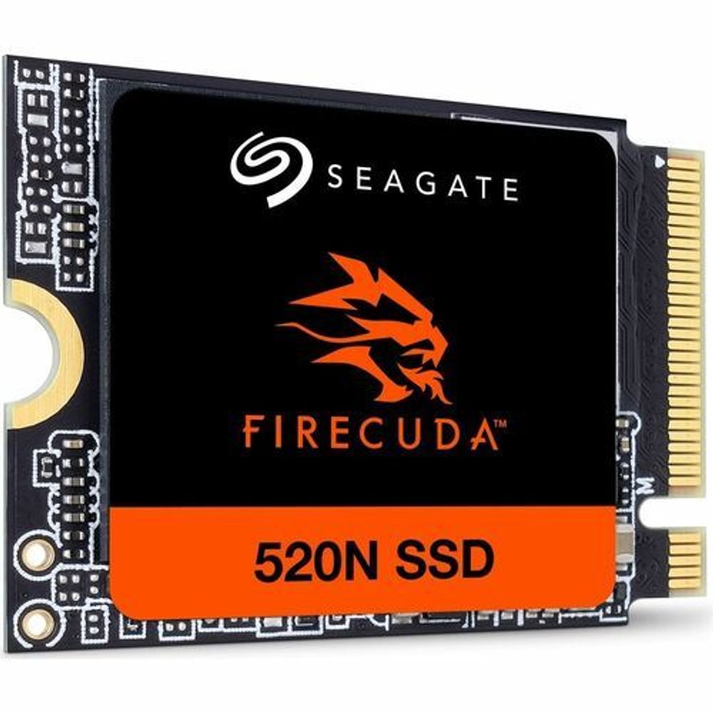 Seagate FireCuda 520N M.2 2230 SSD close-up, black top with orange 520N SSD strip