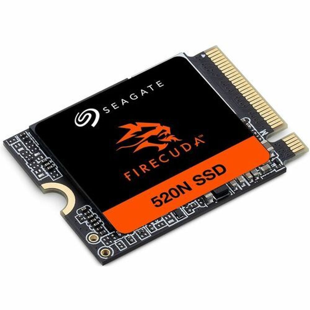 Seagate FireCuda 520N M.2 2230 SSD angled view, black PCB with orange FireCuda 520N