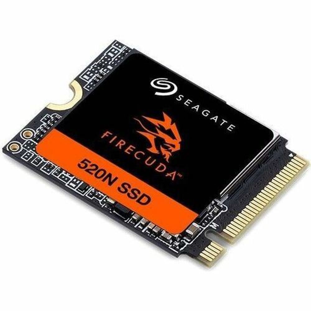 Seagate FireCuda 520N M.2 SSD card angled view, showing orange 520N SSD