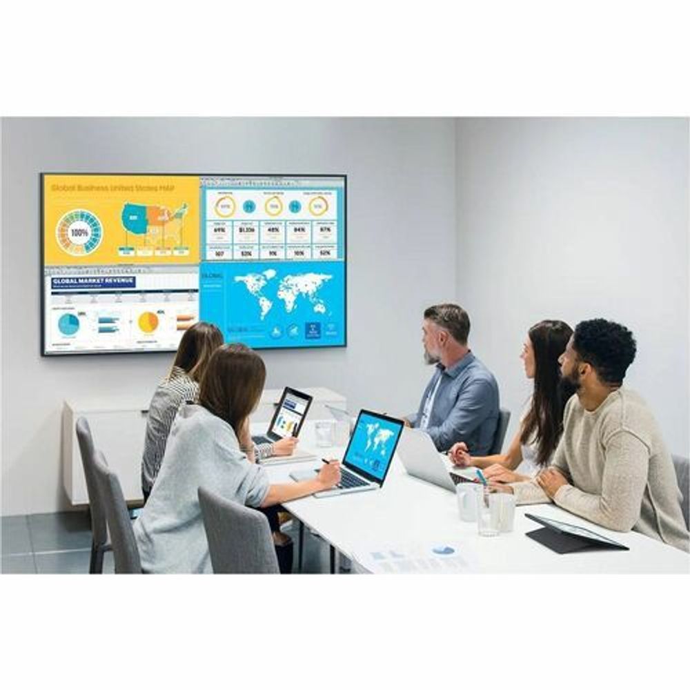 Samsung 50 inch digital signage display in a meeting room, showing world map content