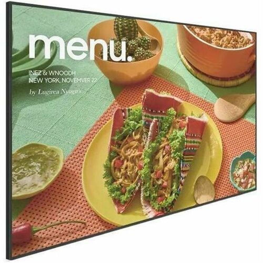 Front digital signage display with colorful food graphic on screen, black bezel