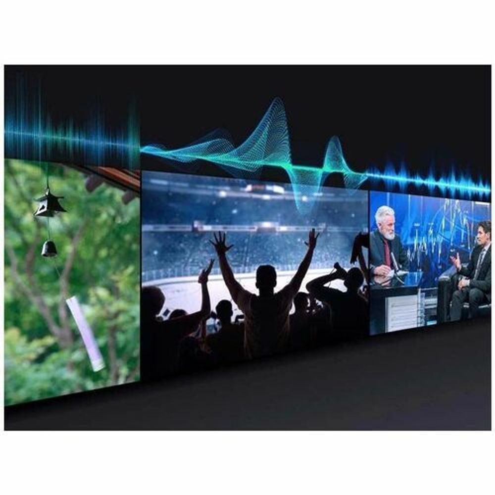 Digital signage LCD display with black bezel and stand; waveform and live event crowd graphics